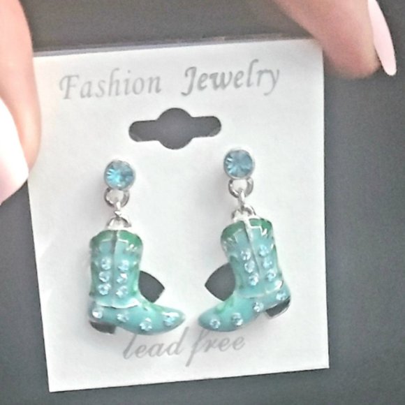 Turquoise Boot Earrings -Western Charm Meets Rhinestone Shine - Picture 5 of 9